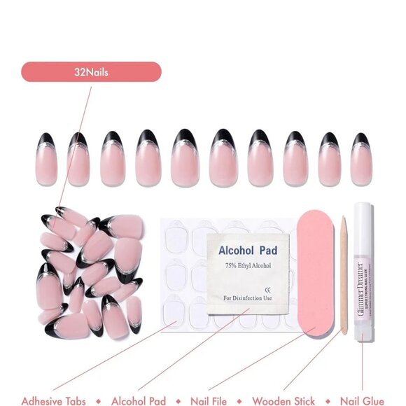 Glimmer Dreamer Press On French Mani Reusable Almond Nails 32 Obsidian Gleam NWT - Picture 4 of 7